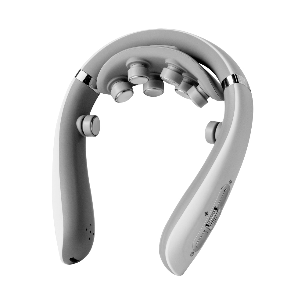 F12 neck massager product image showing multiple visible contact heads and controls