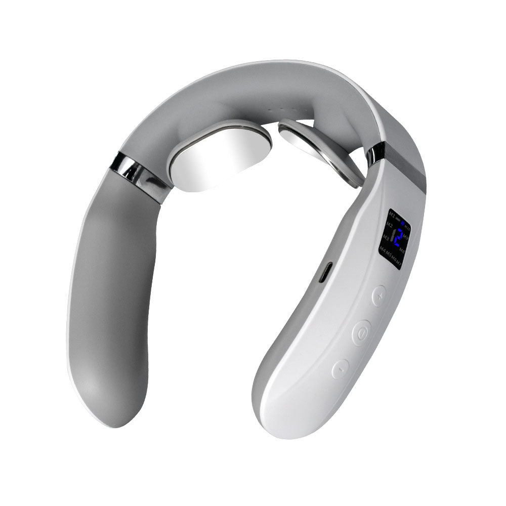 Meilan F16 neck massager product photograph showing exterior, controls, and contact pads