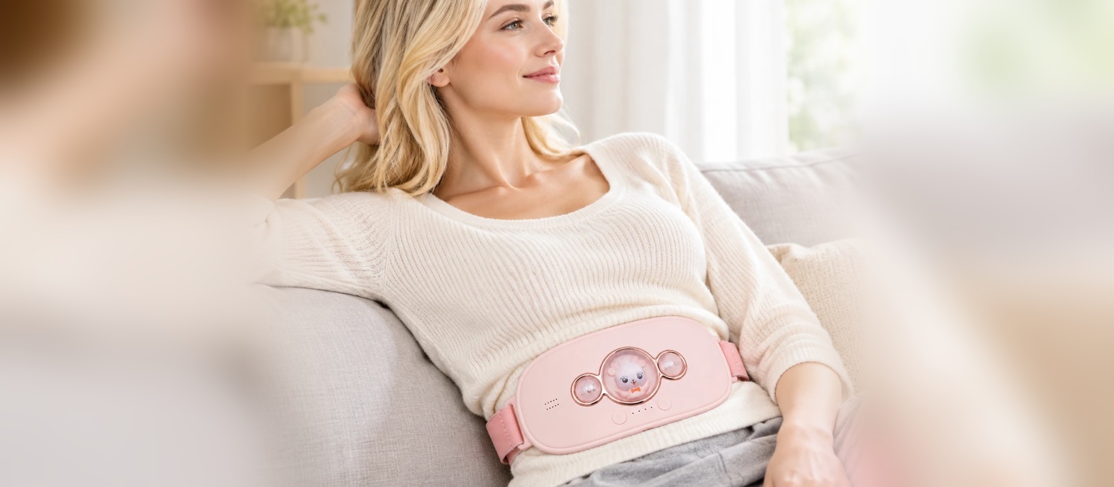Woman seated on a sofa wearing a pink Meilan N1 heating belt