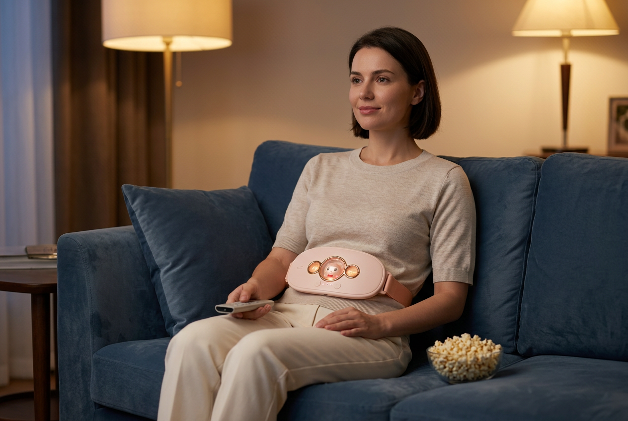 Woman seated on a sofa wearing a Meilan N1 heating belt