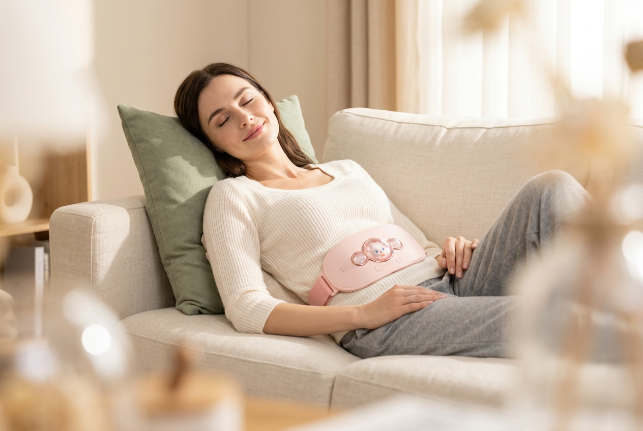 Woman wearing a pink Meilan N1 heating belt while reclining on a sofa