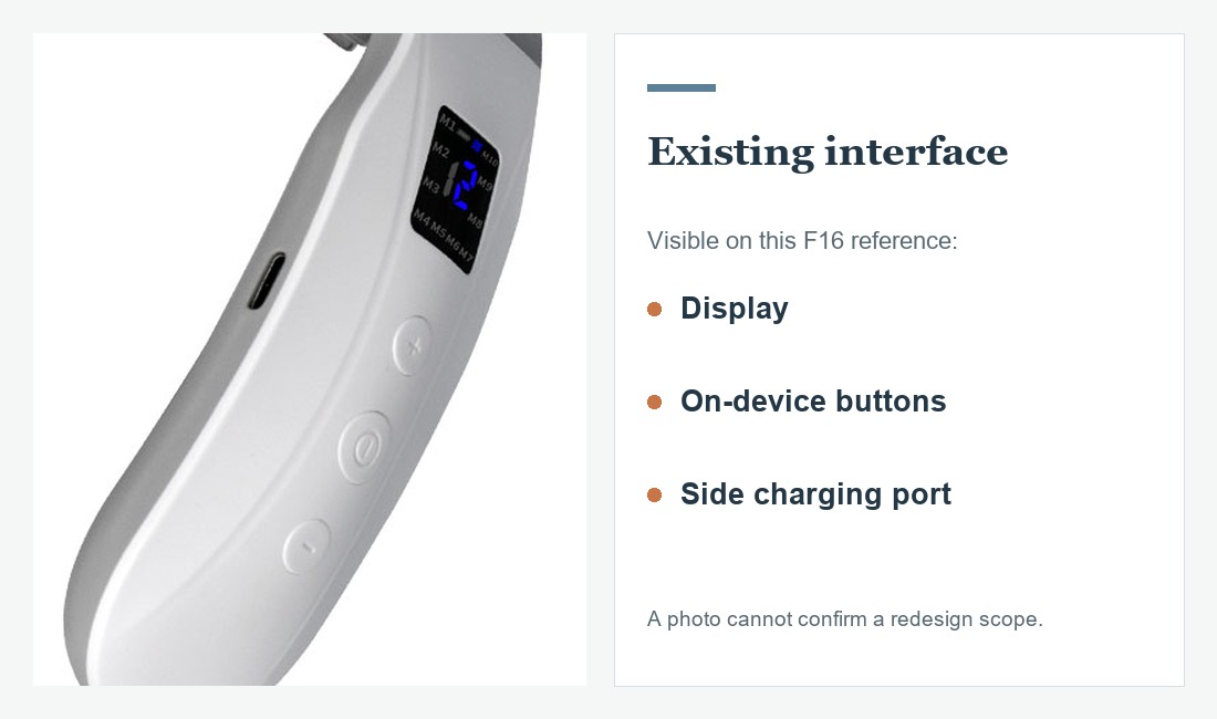 Tight crop of a real F16 reference showing its display, on-device buttons, and side charging port