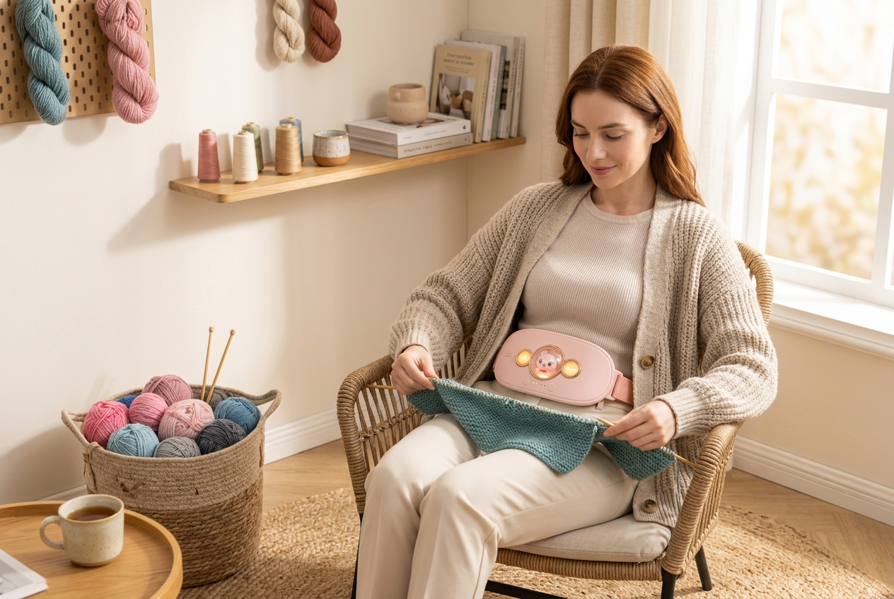 Woman seated wearing a pink warming belt while knitting