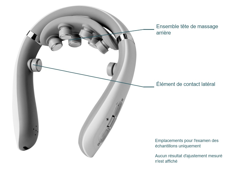 Visuel du produit F12 orienté vers l'intérieur annoté pour distinguer l'ensemble de tête de massage arrière d'un élément de contact latéral