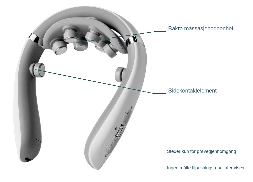 F12 innovervendt produkt visuell annotert for å skille den bakre massasjehodeenheten fra et sidekontaktelement