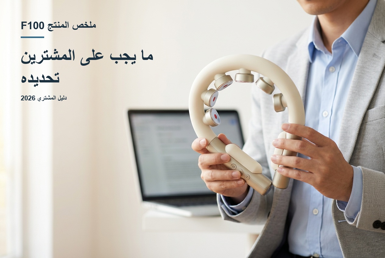 مشهد مراجعة المشتريات الذي تم إنشاؤه بواسطة الذكاء الاصطناعي مع العنوان الرئيسي ملخص المنتج F100: ما يجب على المشترين تحديده