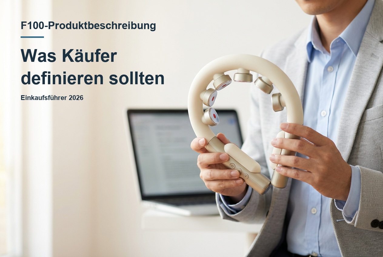 KI-generierte Beschaffungsbewertungsszene mit der Überschrift „F100-Produktbeschreibung: Was Käufer definieren sollten“.