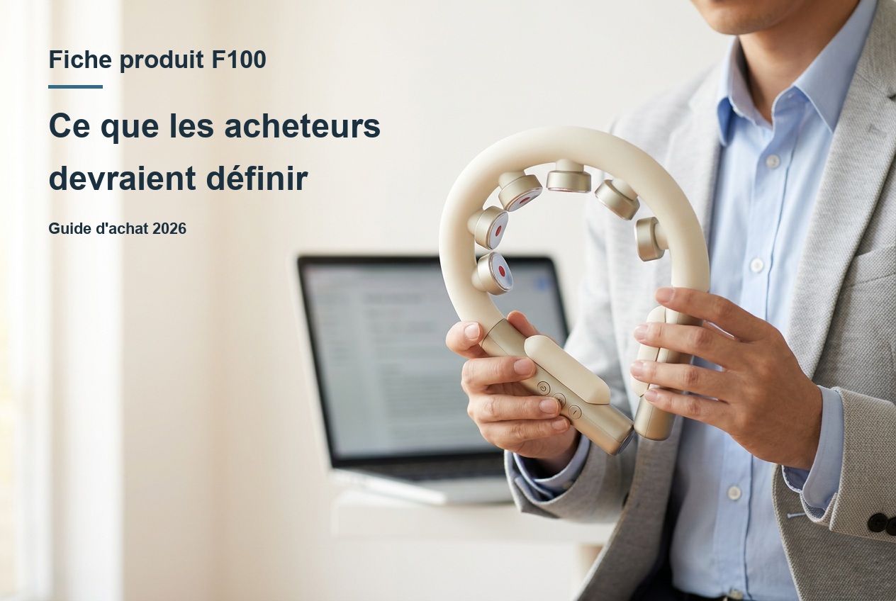 Scène d'examen des achats générée par l'IA avec le titre Fiche produit F100 : ce que les acheteurs devraient définir