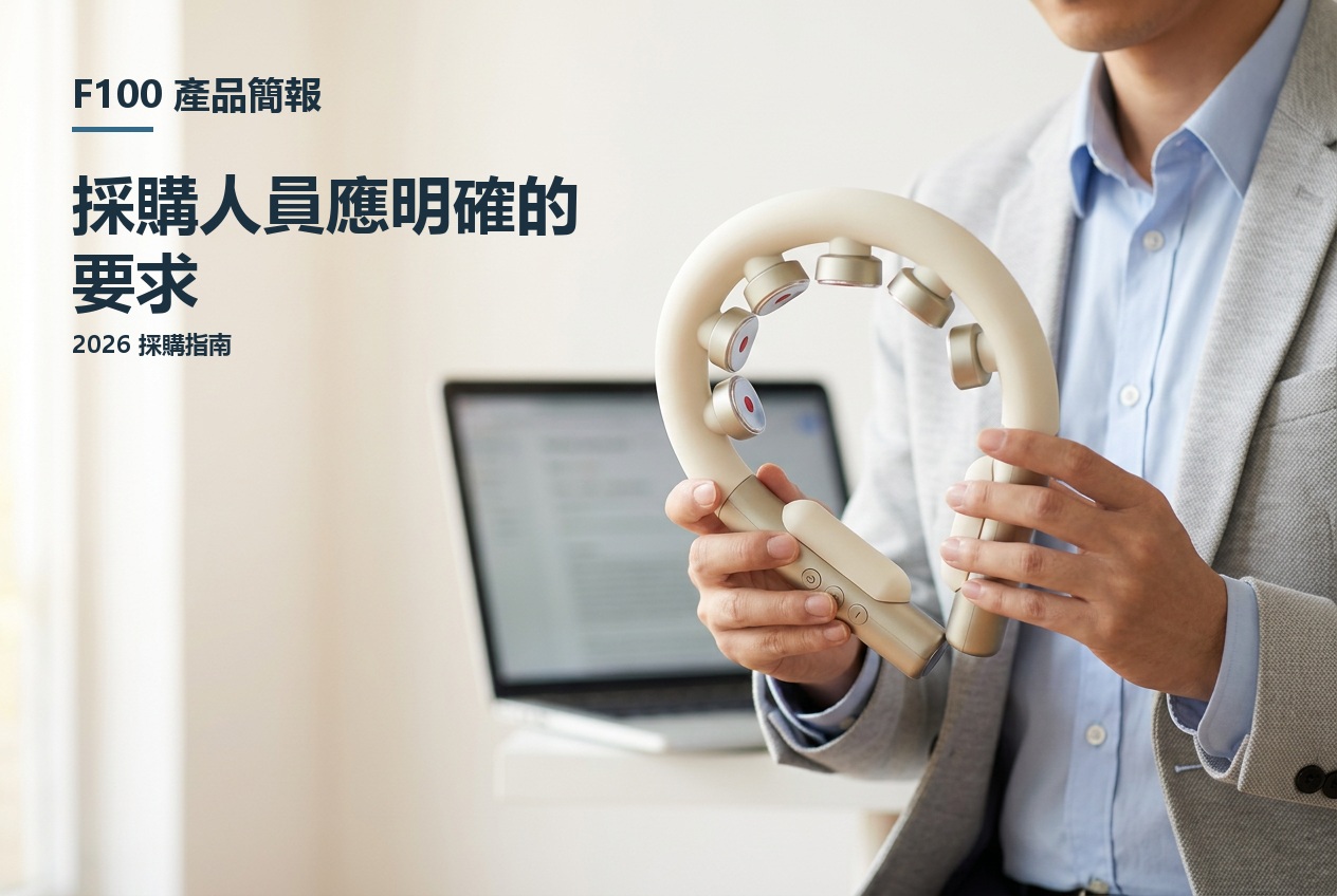 AI 產生的採購審閱場景,標題為 F100 產品簡報:採購人員應明確哪些要求